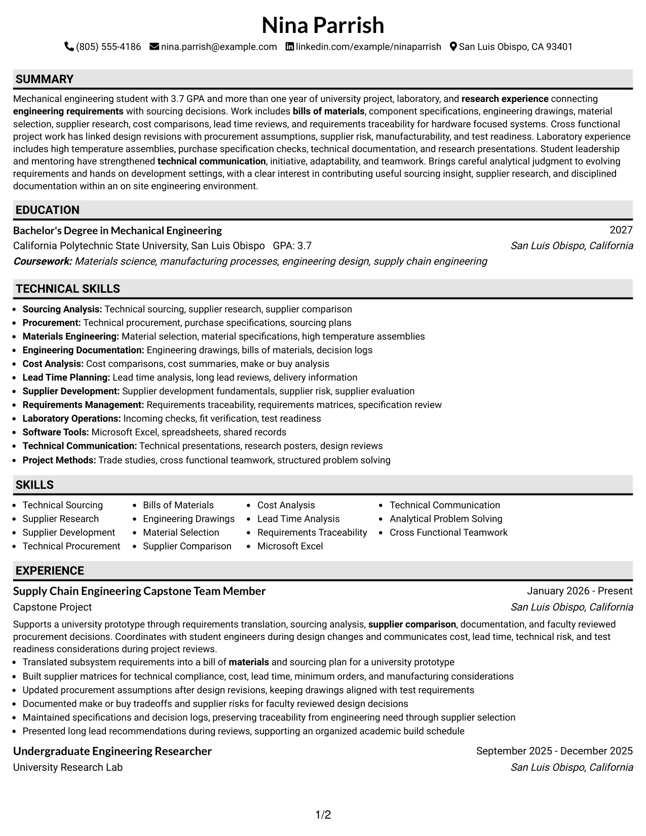 Resume Example Page 1