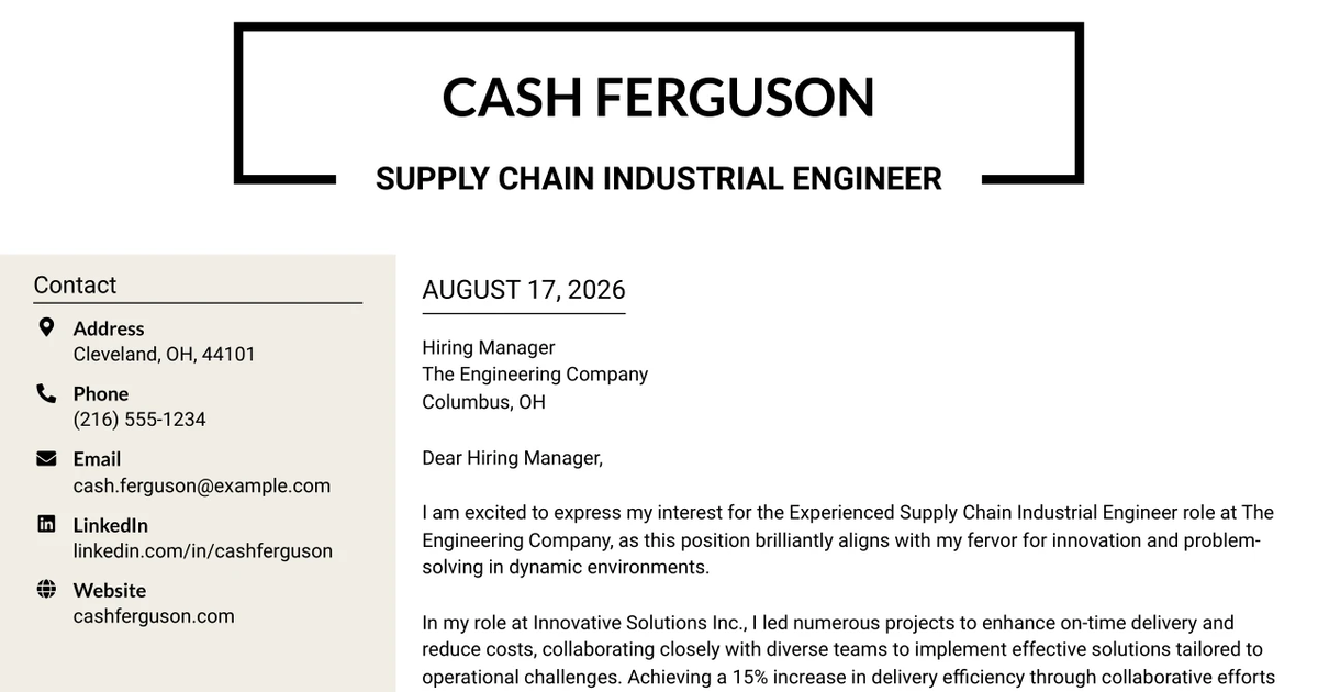 30+ Supply Chain Industrial Engineer Cover Letter Templates with Example 2026