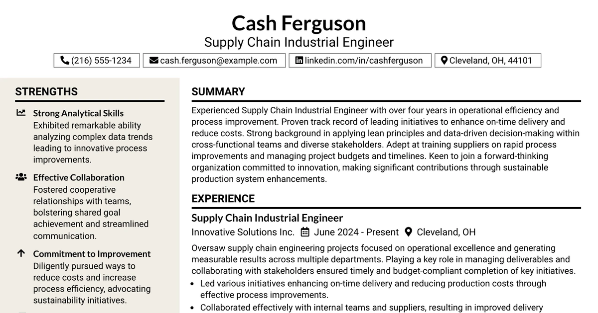 33 Supply Chain Industrial Engineer Resume Templates with Example 2026 (ATS-Optimized)