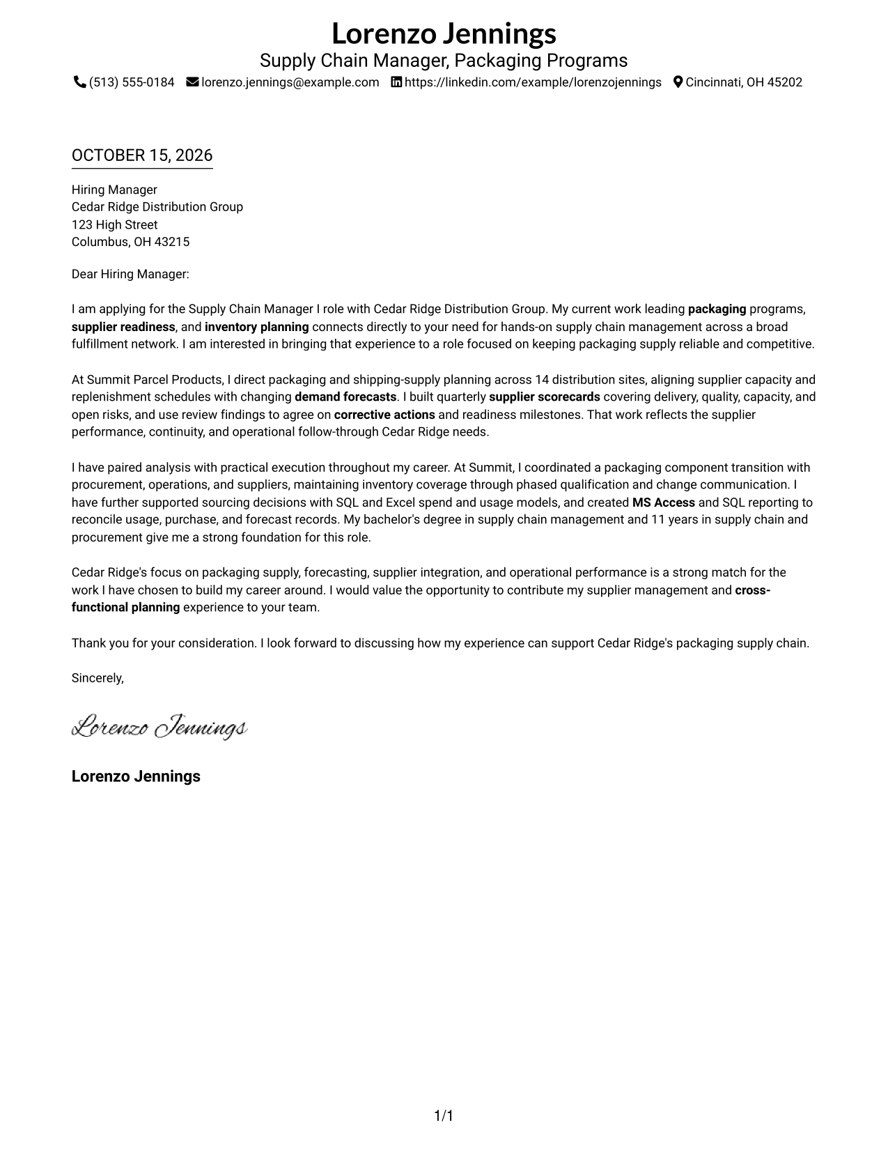 Cover letter example — page 1