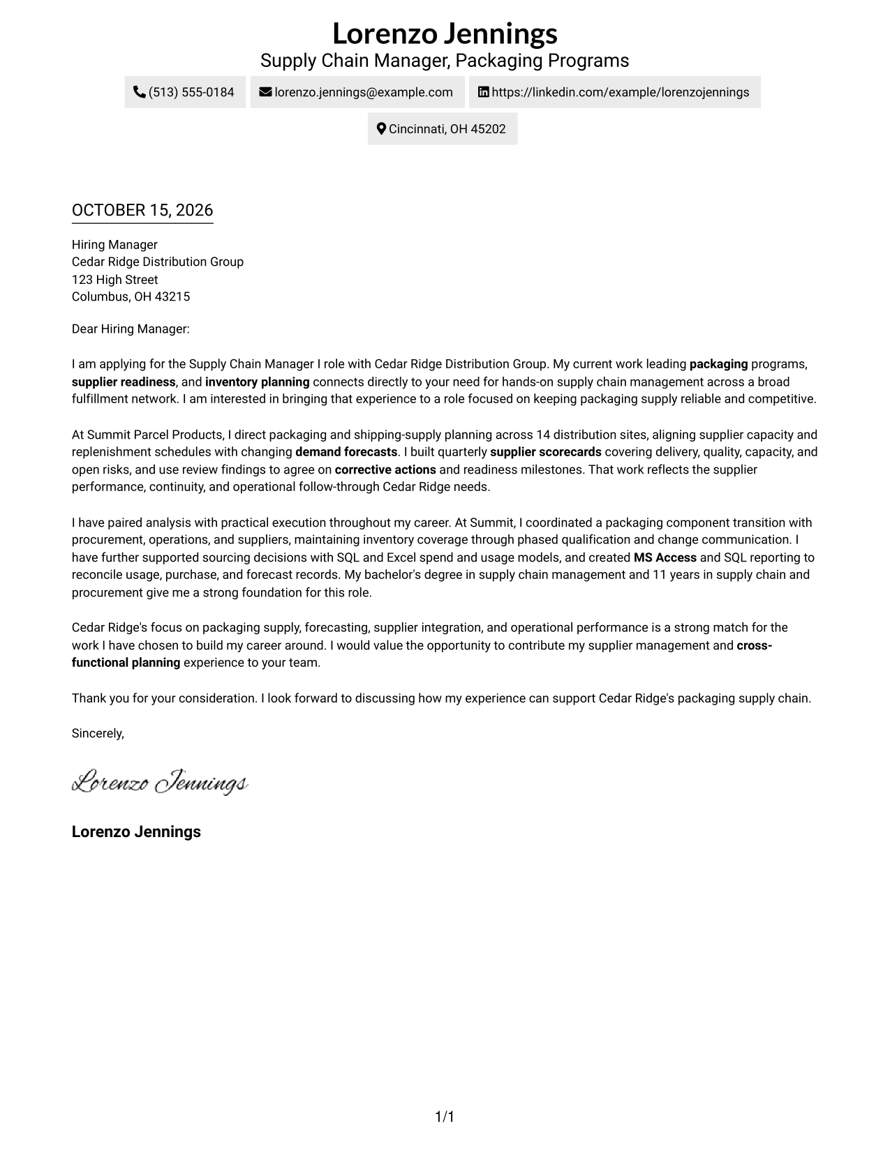 Cover letter example — page 1