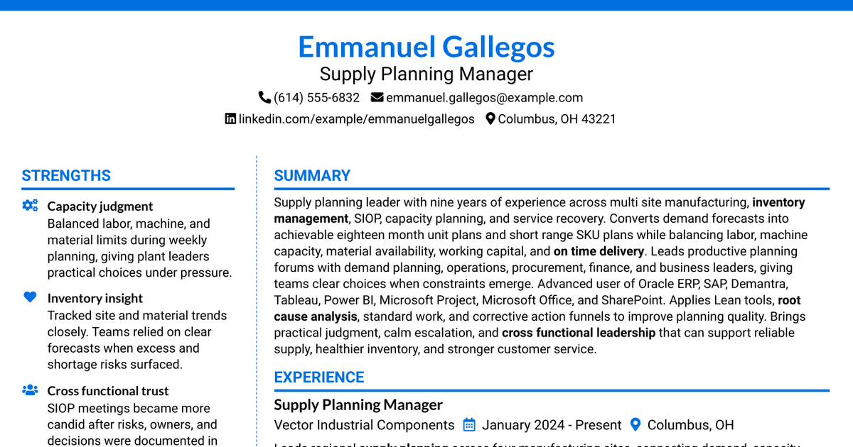 7 Supply Planning Manager Resume Templates with Example