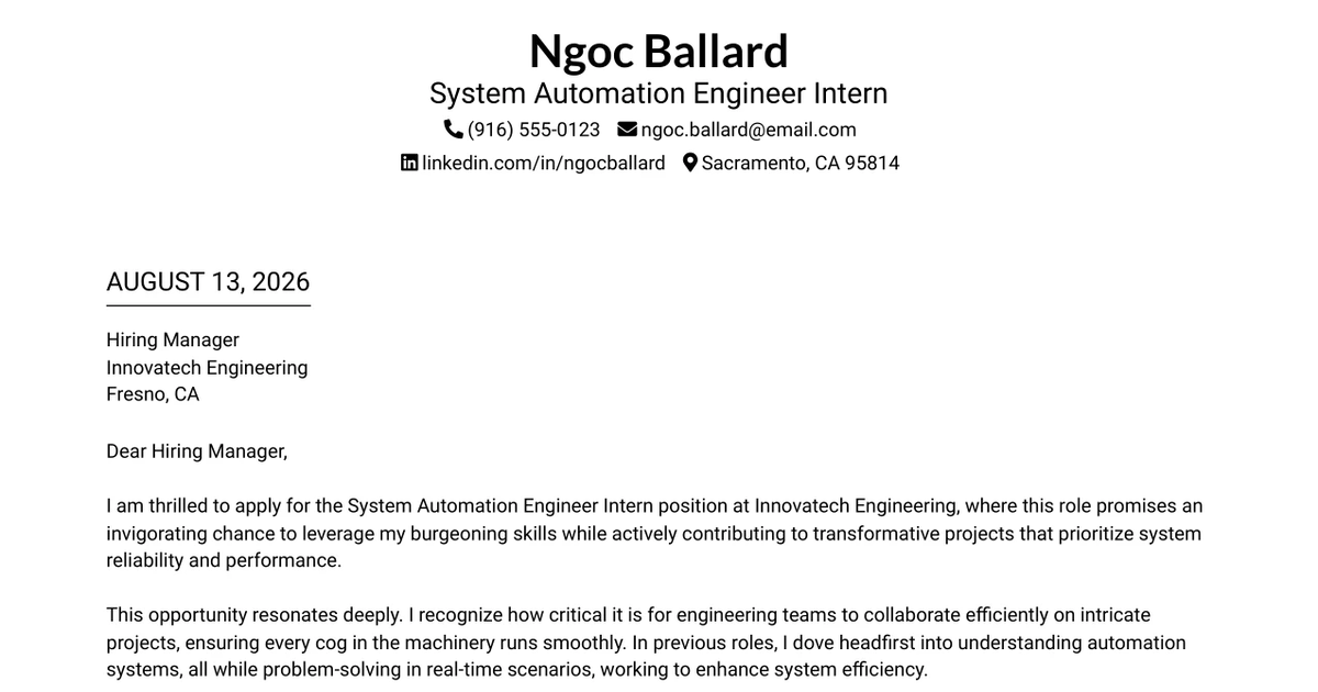 30+ System Automation Engineer Intern Cover Letter Templates with Example 2026