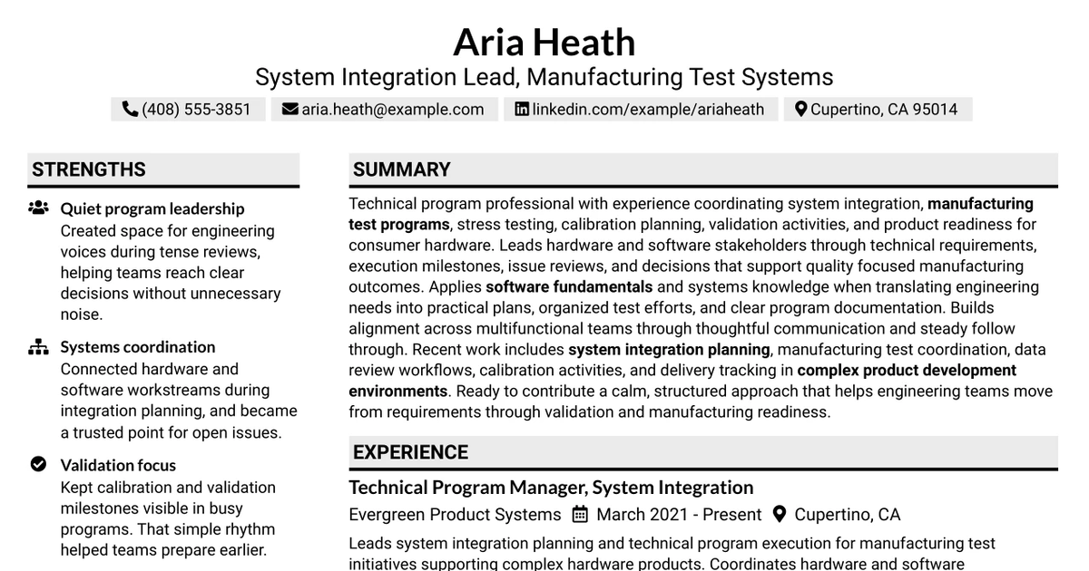 33 System Integration Lead - Manufacturing Test Systems Resume Templates with Example