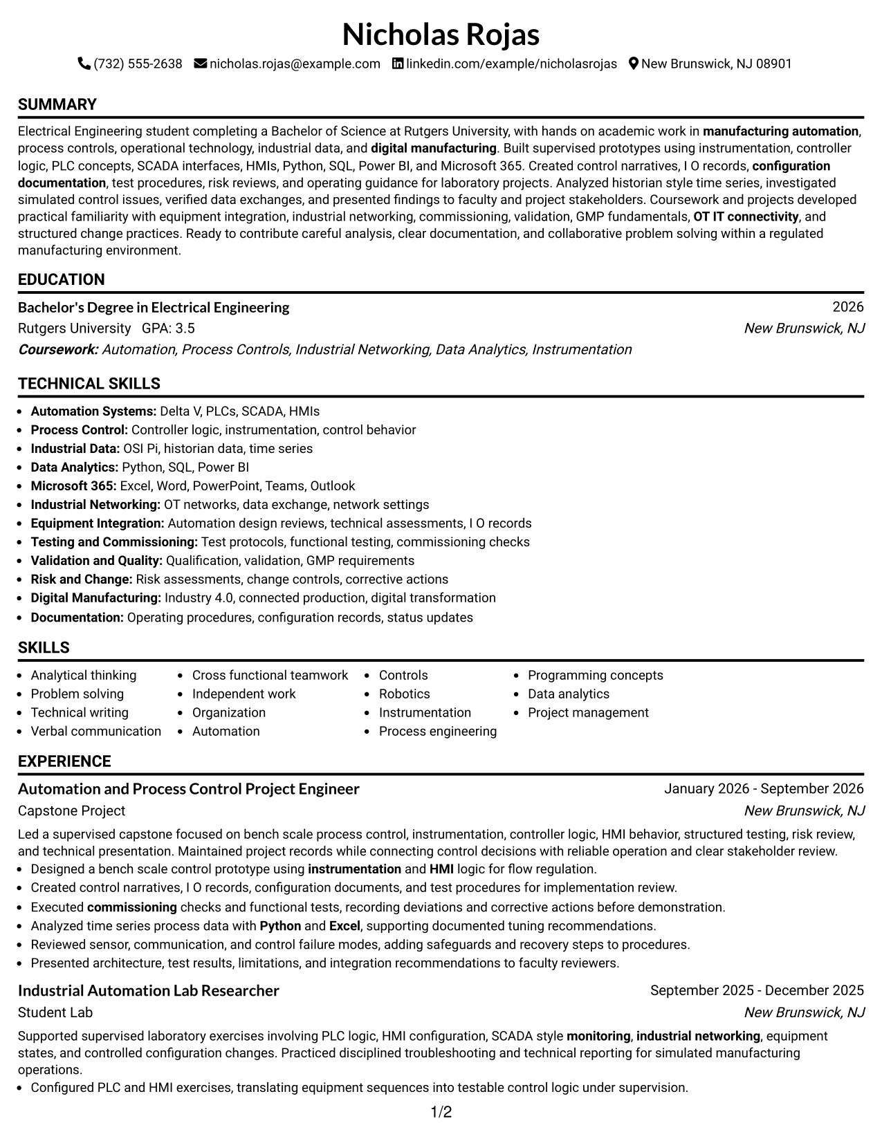 Resume Example Page 1