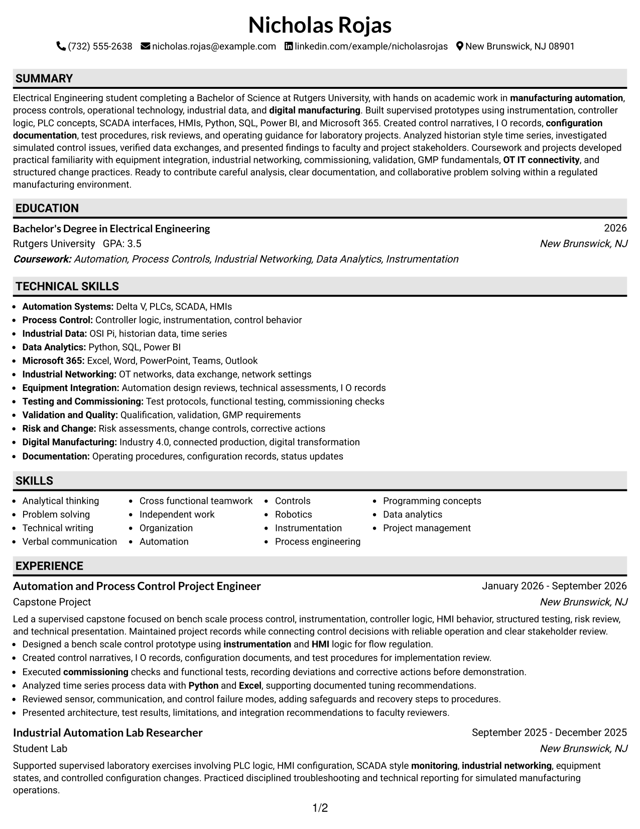 Resume Example Page 1