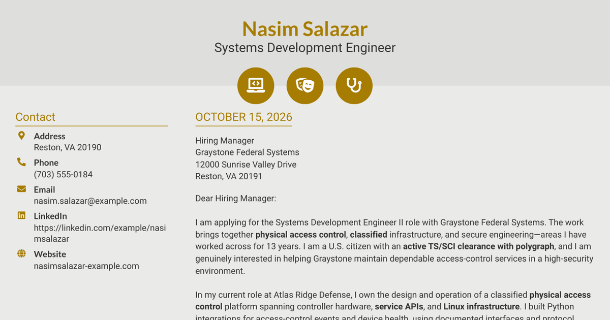 7 Systems Development Engineer II - Physical Access Control Systems Cover Letter Templates with Example