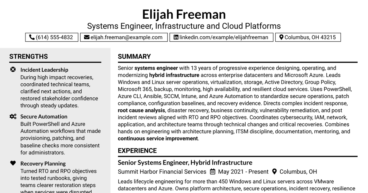 7 Systems Engineer - Infrastructure & Cloud Platforms Resume Templates with Example