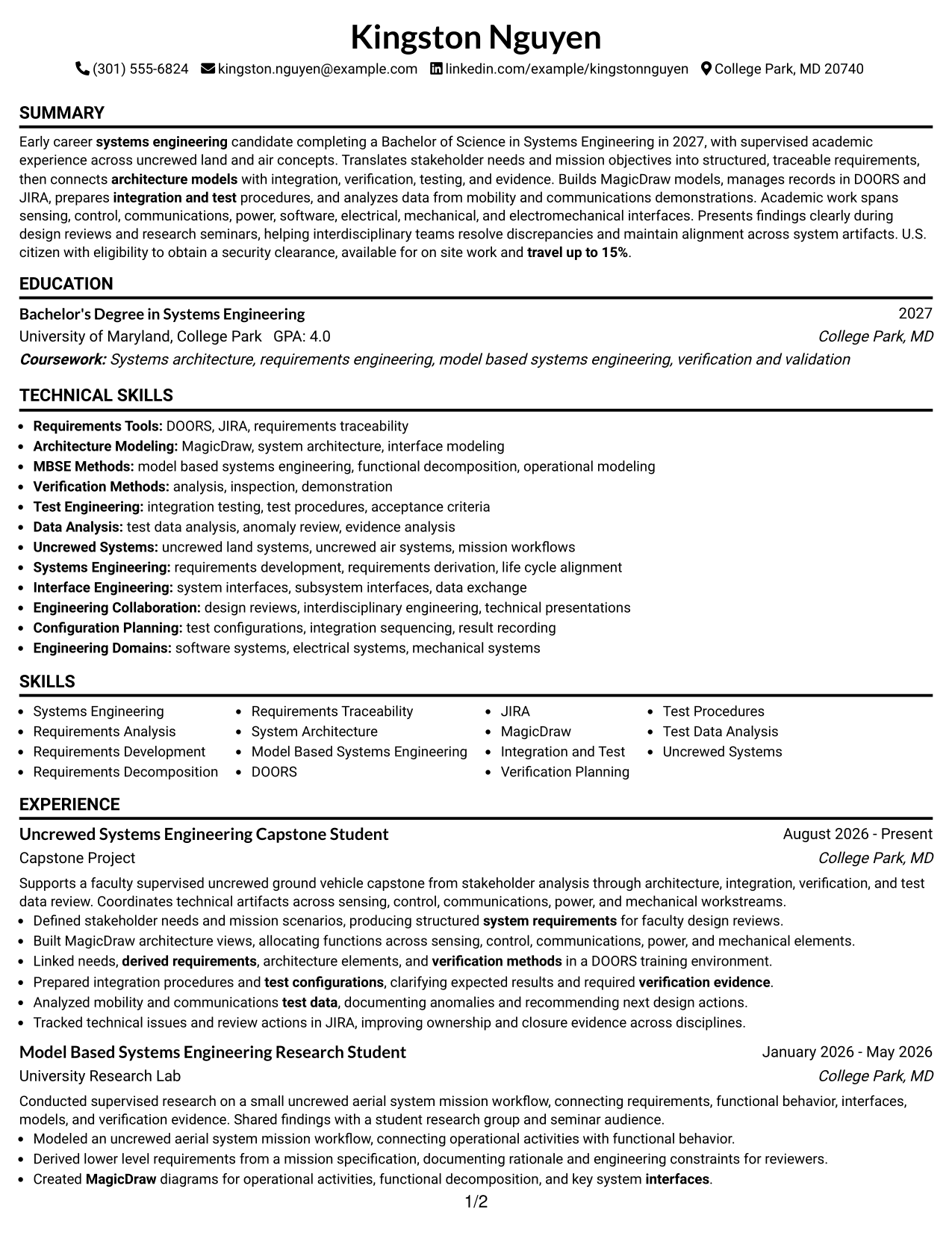 Resume Example Page 1