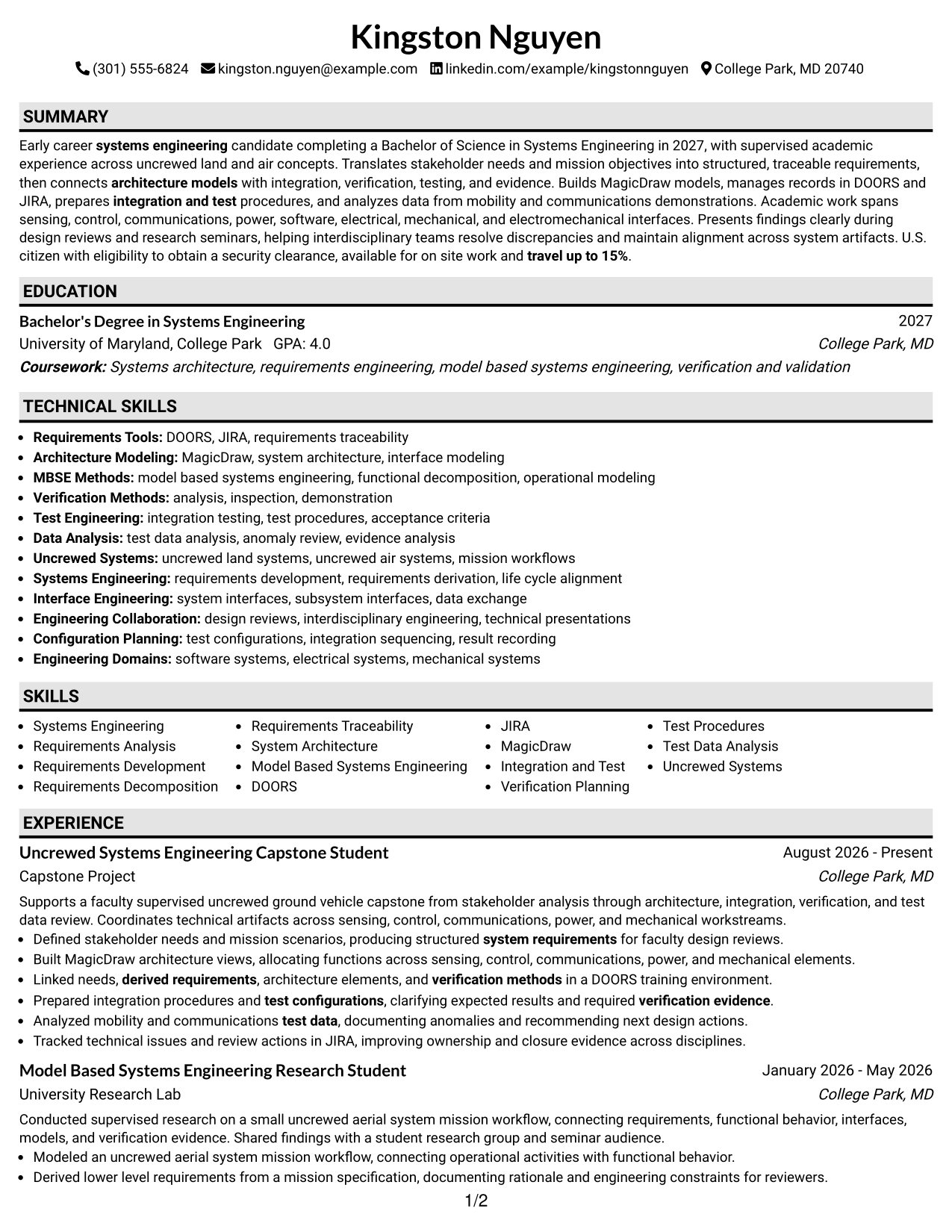 Resume Example Page 1