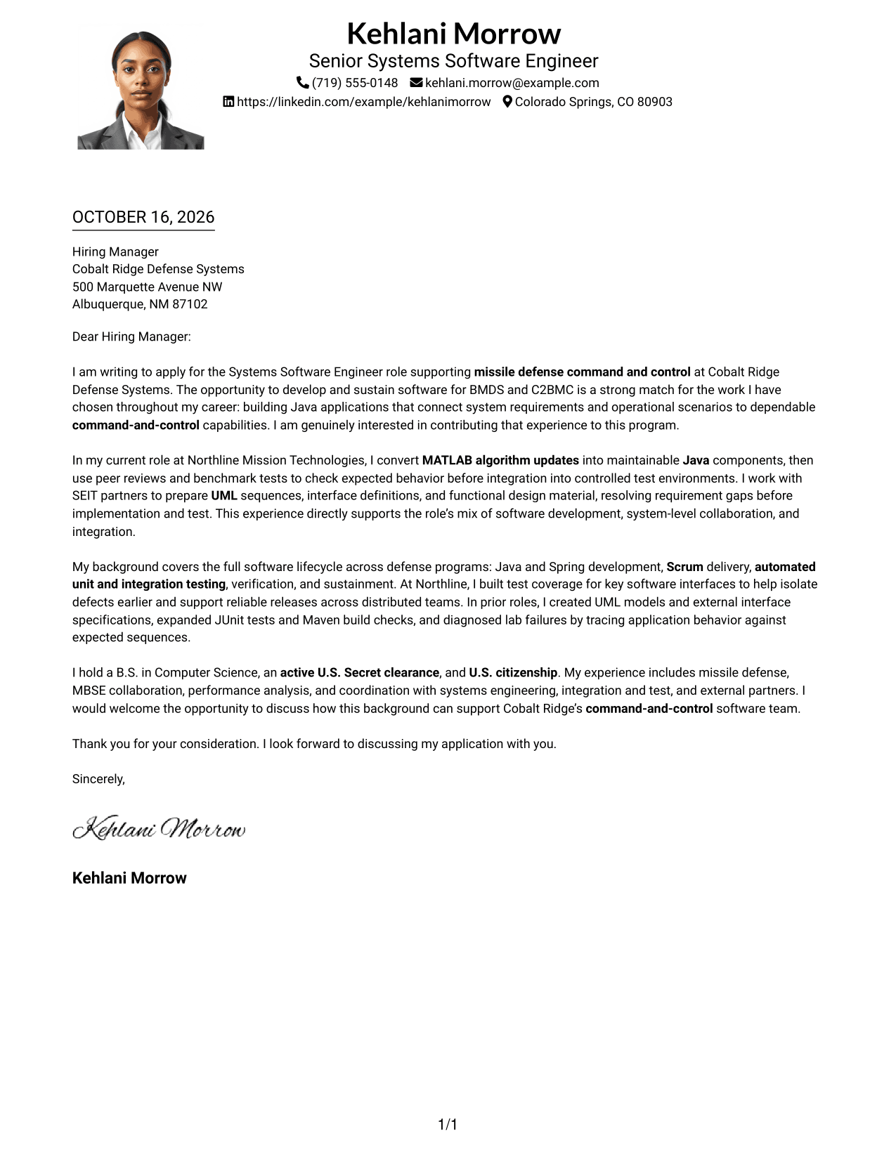 Cover letter example — page 1