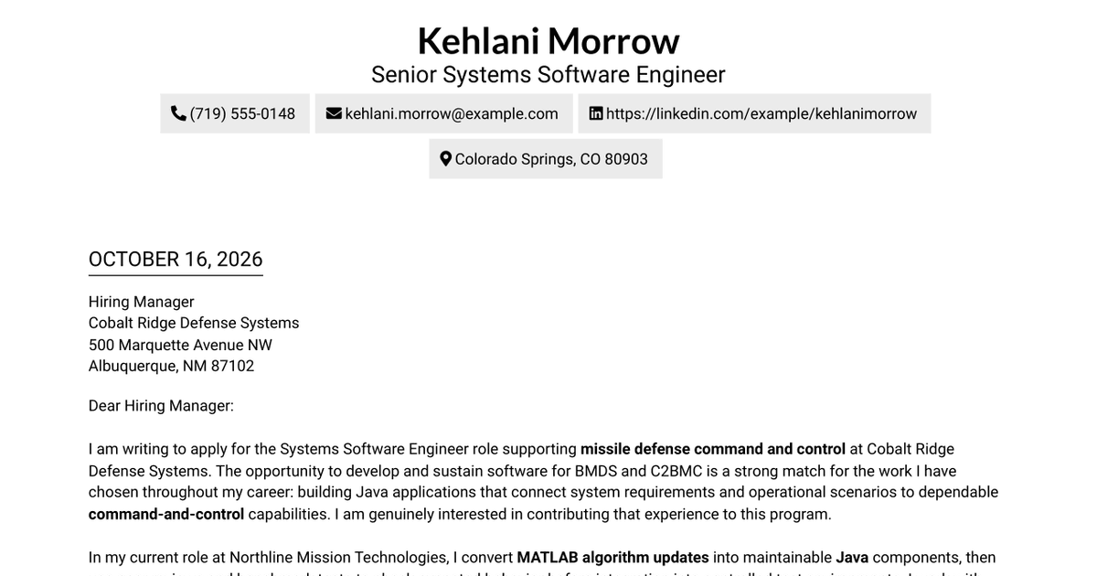 7 Systems Software Engineer - Missile Defense Command and Control Cover Letter Templates with Example