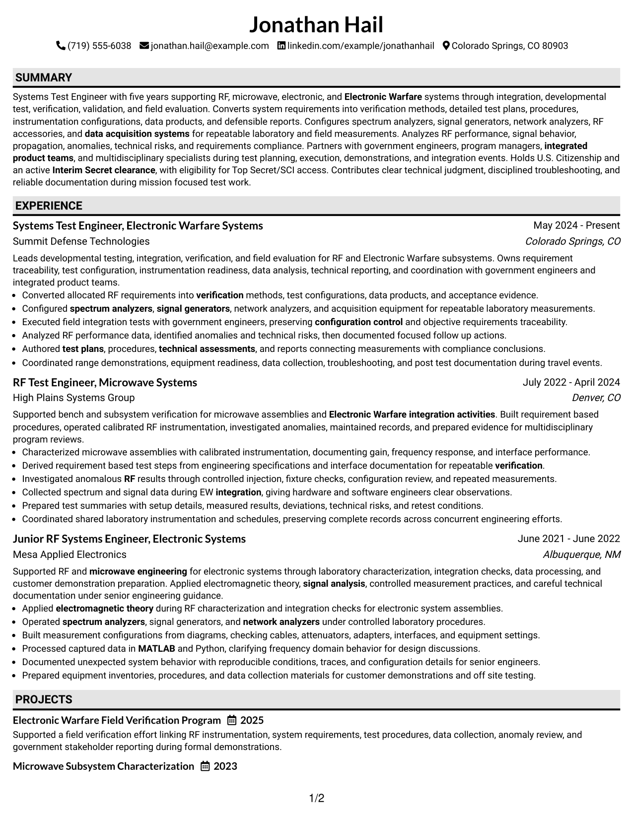 Resume Example Page 1