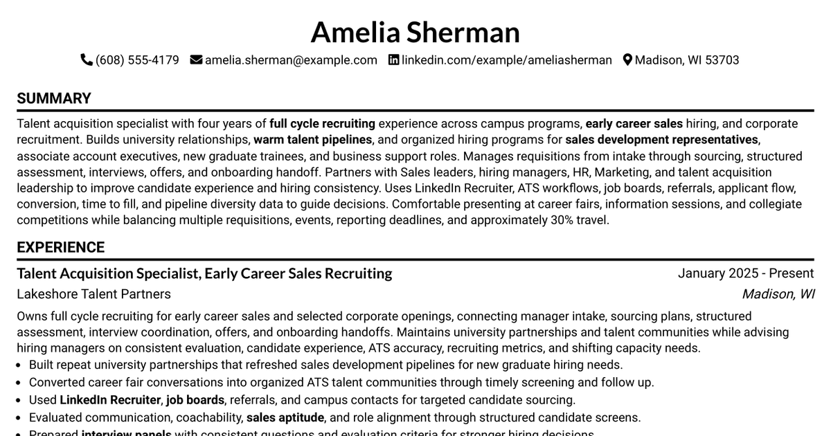 Resume Udated Example 7 Talent Acquisition Specialist - Campus and Early-Career Sales Resume ...