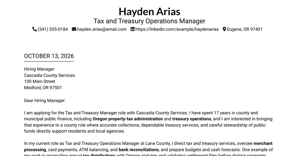 7 Tax and Treasury Manager - Property Tax Administration Cover Letter Templates with Example