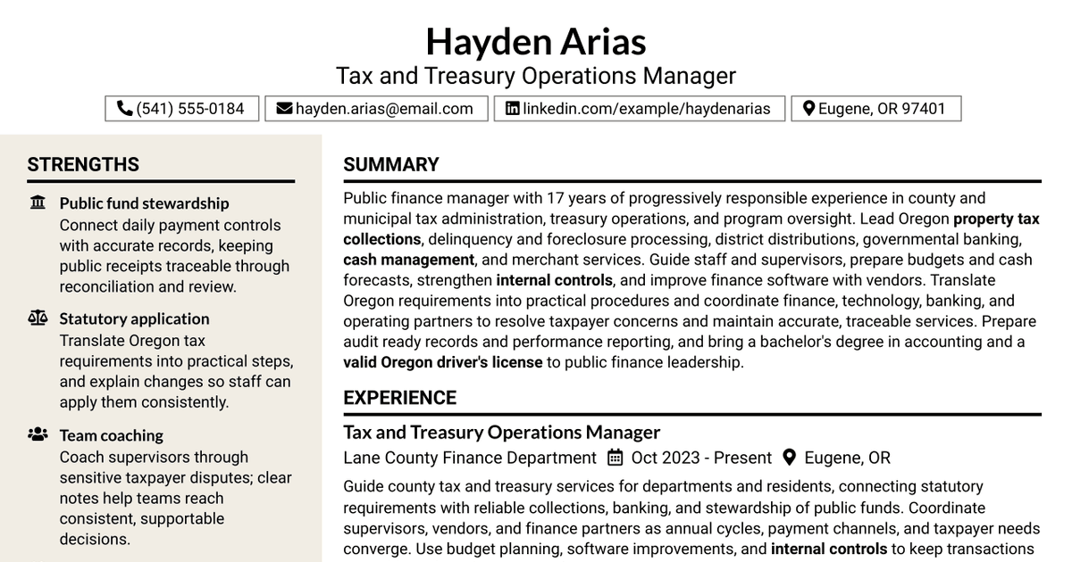 7 Tax and Treasury Manager - Property Tax Administration Resume Templates with Example