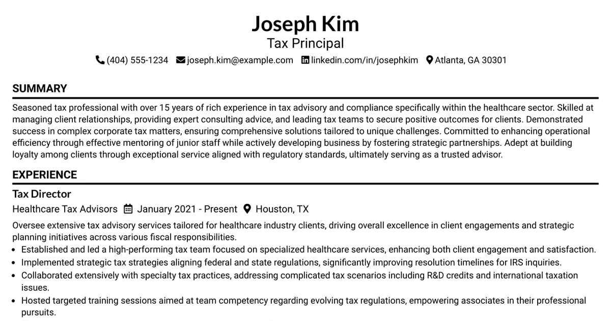 33 Tax Principal - Healthcare Services Resume Templates with Example 2026 (ATS-Optimized)