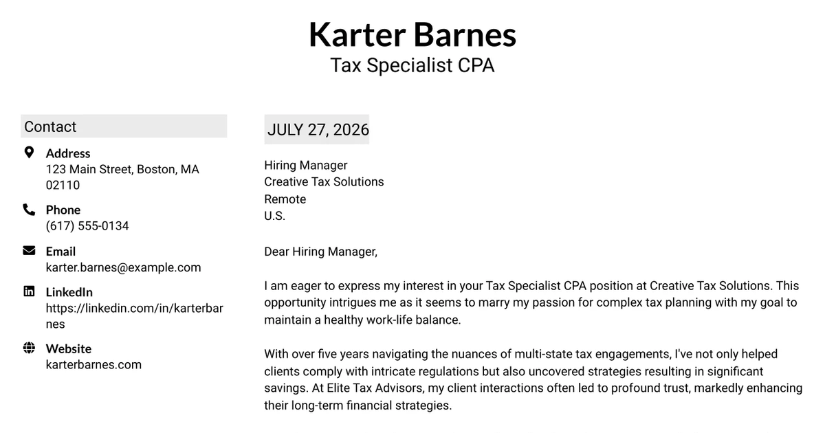 30+ Tax Specialist CPA Cover Letter Templates with Example 2026