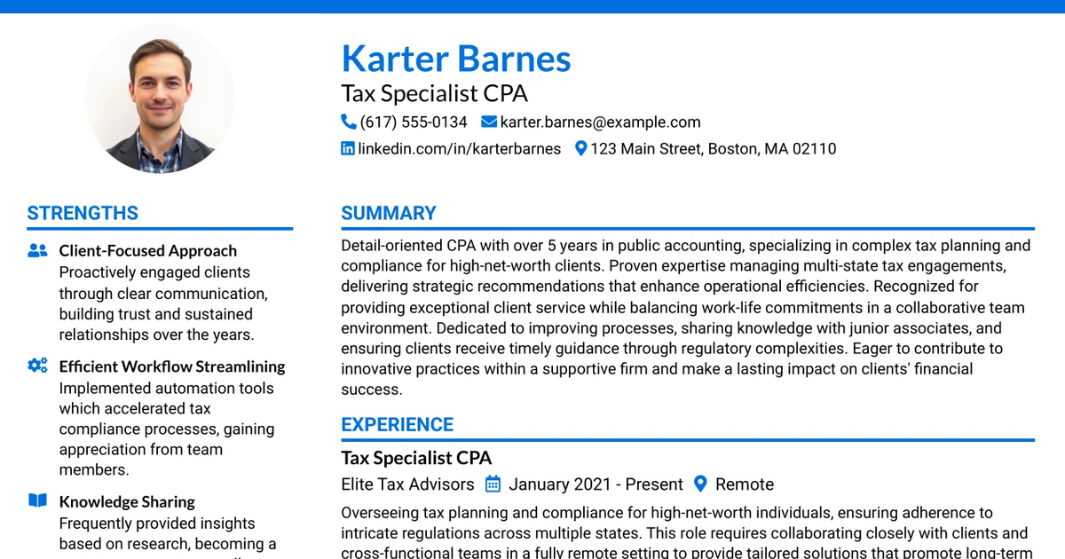 33 Tax Specialist CPA Resume Templates with Example 2026 (ATS-Optimized)
