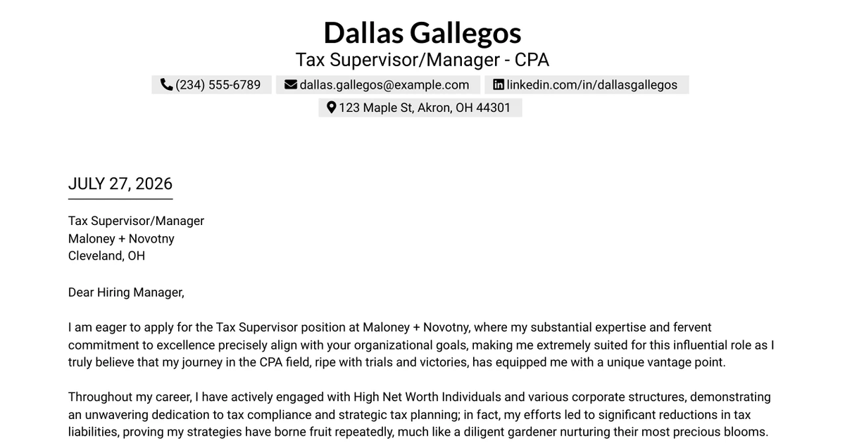 30+ Tax Supervisor/Manager - CPA Cover Letter Templates with Example 2026