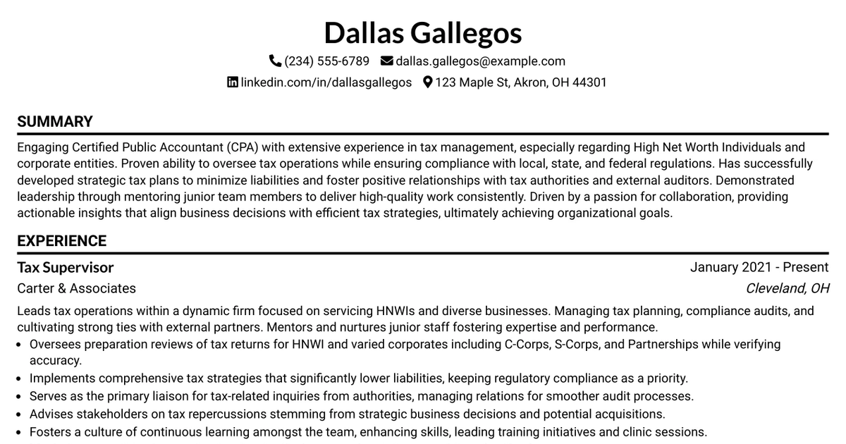 33 Tax Supervisor/Manager - CPA Resume Templates with Example 2026 (ATS-Optimized)