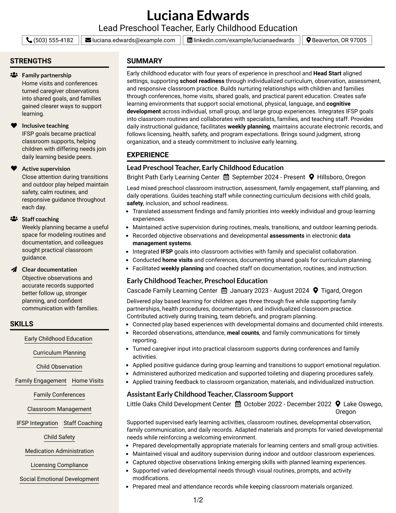 Resume Example Page 1