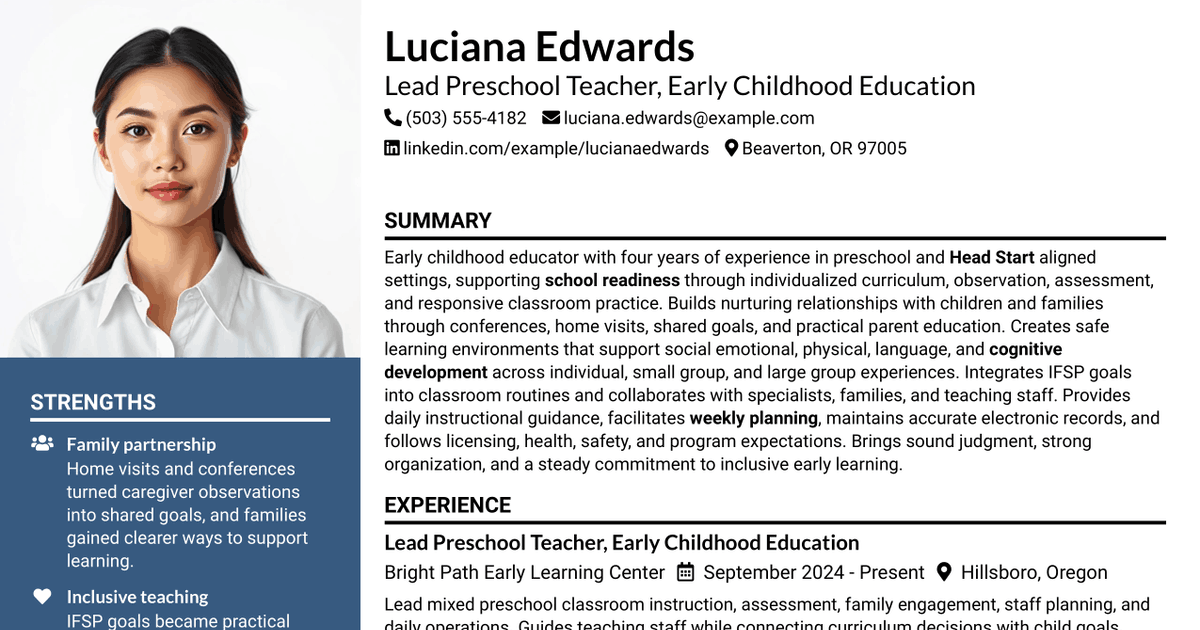 7 Teacher - Head Start & Early Head Start Resume Templates with Example
