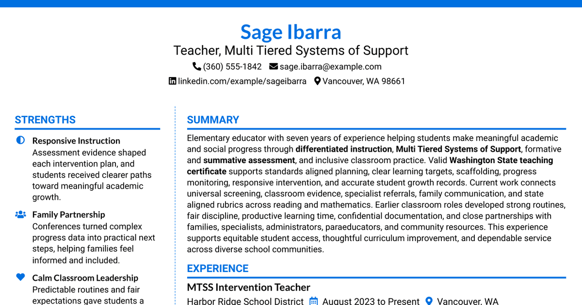 7 Teacher - Multi-Tiered Systems of Support Resume Templates with Example