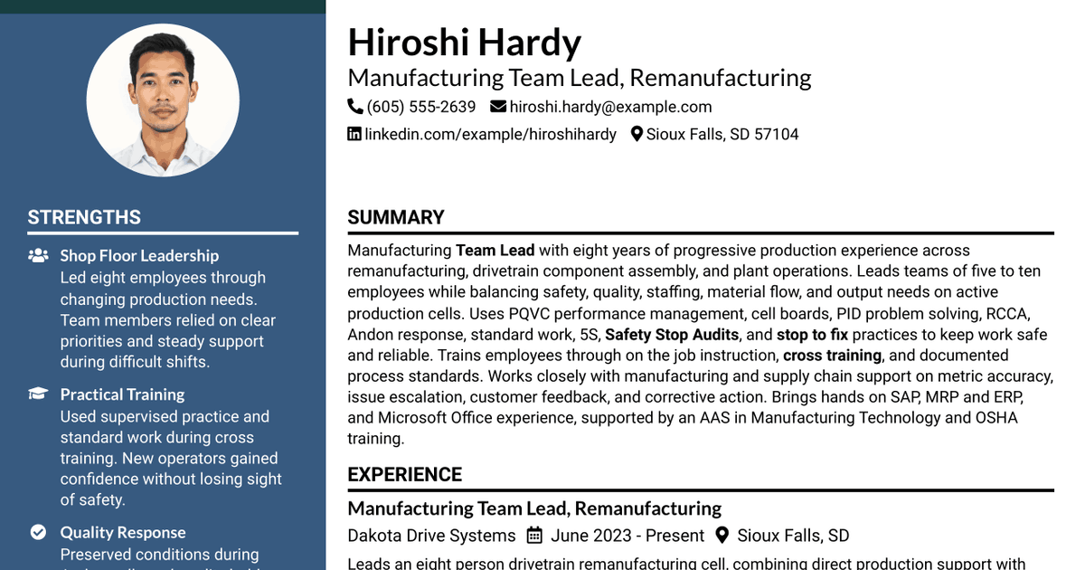 7 Team Lead - Remanufacturing Drivetrain Resume Templates with Example