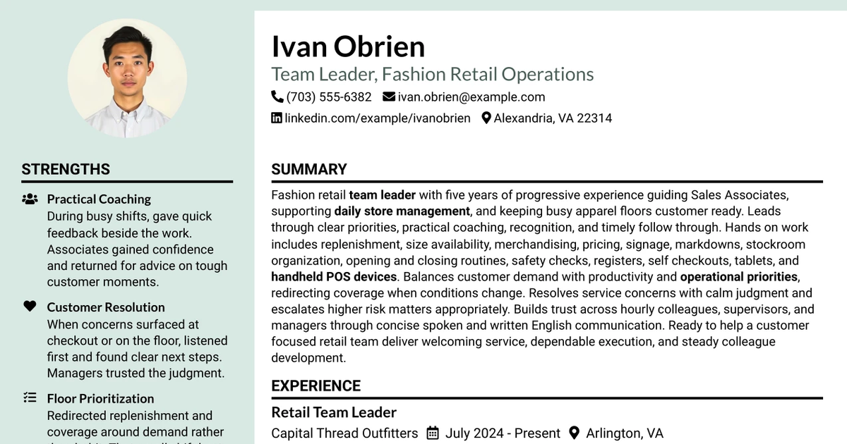 33 Team Leader - Fashion Retail Operations Resume Templates with Example 2026 (ATS-Optimized)