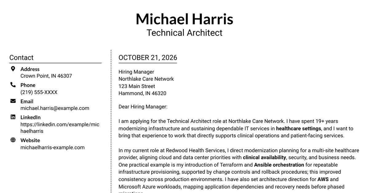 7 Technical Architect - Healthcare IT Infrastructure Cover Letter Templates with Example