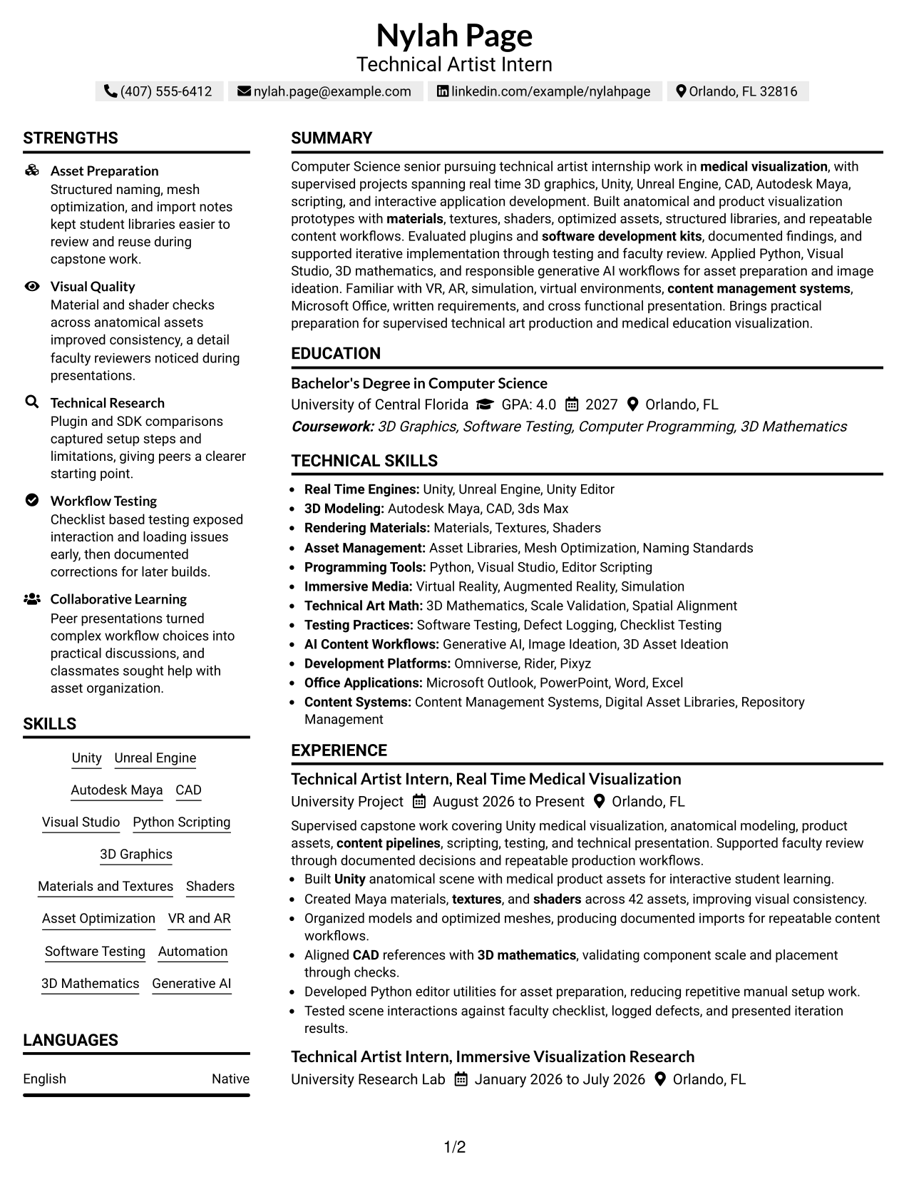 Resume Example Page 1