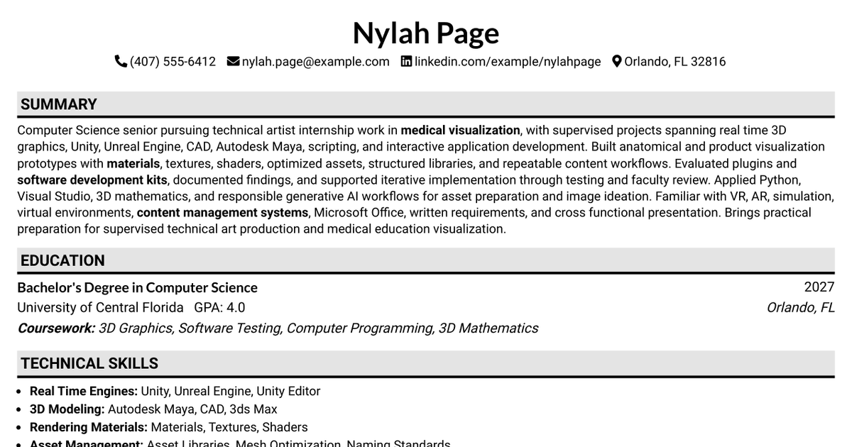 7 Technical Artist Intern Resume Templates with Example