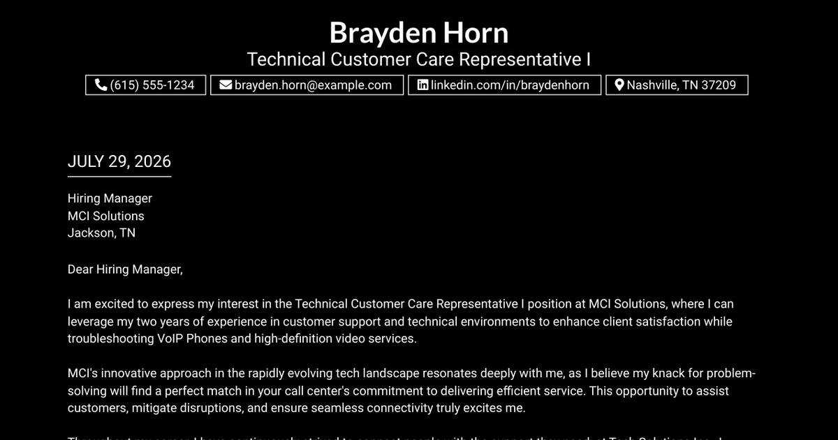 30+ Technical Customer Care Representative I Cover Letter Templates with Example 2026