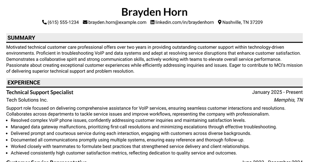 33 Technical Customer Care Representative I Resume Templates with Example 2026 (ATS-Optimized)