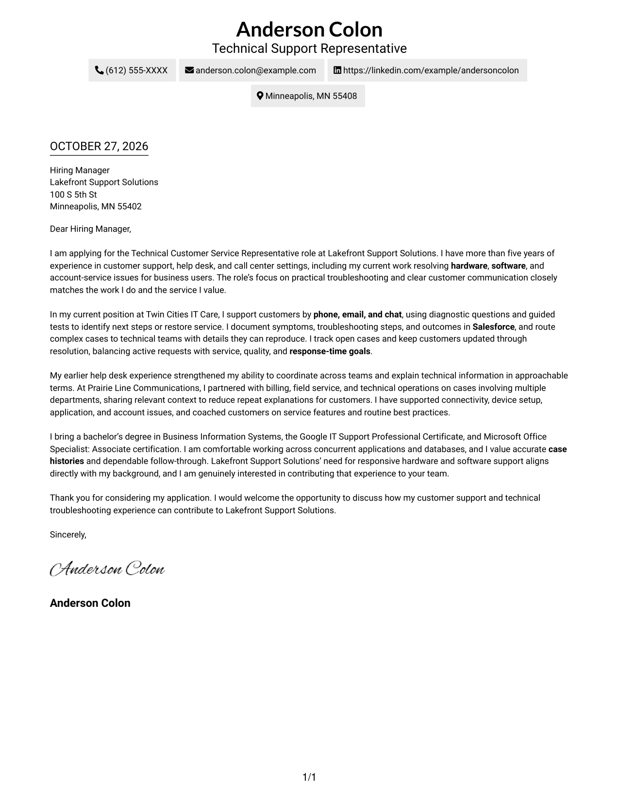 Cover letter example — page 1