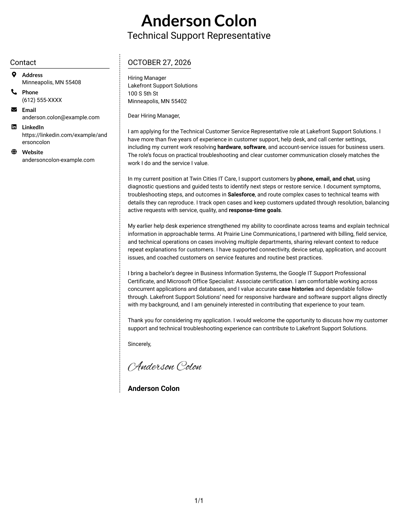 Cover letter example — page 1