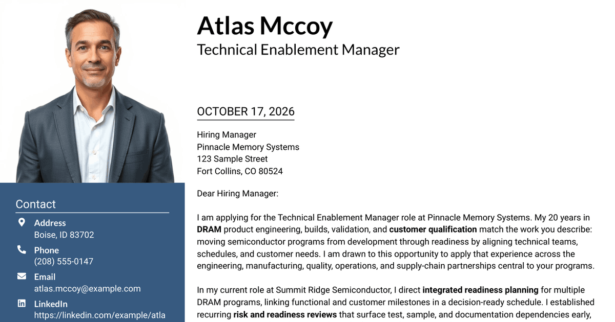 7 Technical Enablement Manager - Semiconductor Validation Cover Letter Templates with Example