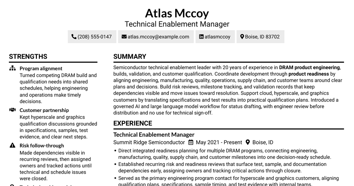 7 Technical Enablement Manager - Semiconductor Validation Resume Templates with Example