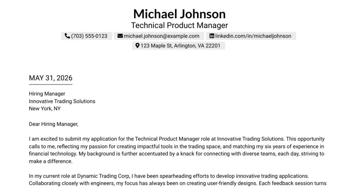 30+ Technical Product Manager Cover Letter Templates with Example 2026