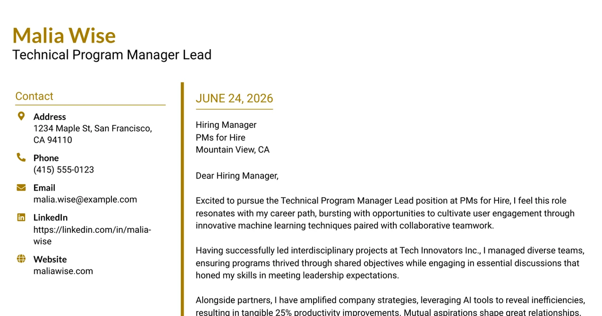30+ Technical Program Manager Lead Cover Letter Templates with Example 2026