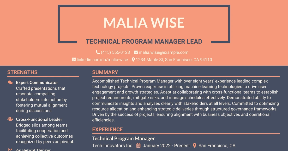 33 Technical Program Manager Lead Resume Templates with Example 2026 (ATS-Optimized)