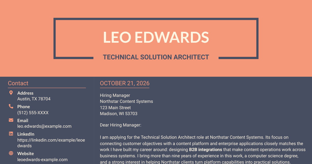 7 Technical Solution Architect - Enterprise Integration Cover Letter Templates with Example
