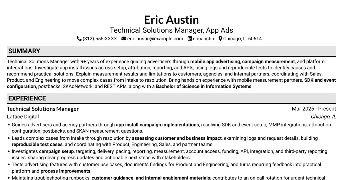 7 Technical Solutions Manager - App Ads Resume Templates with Example