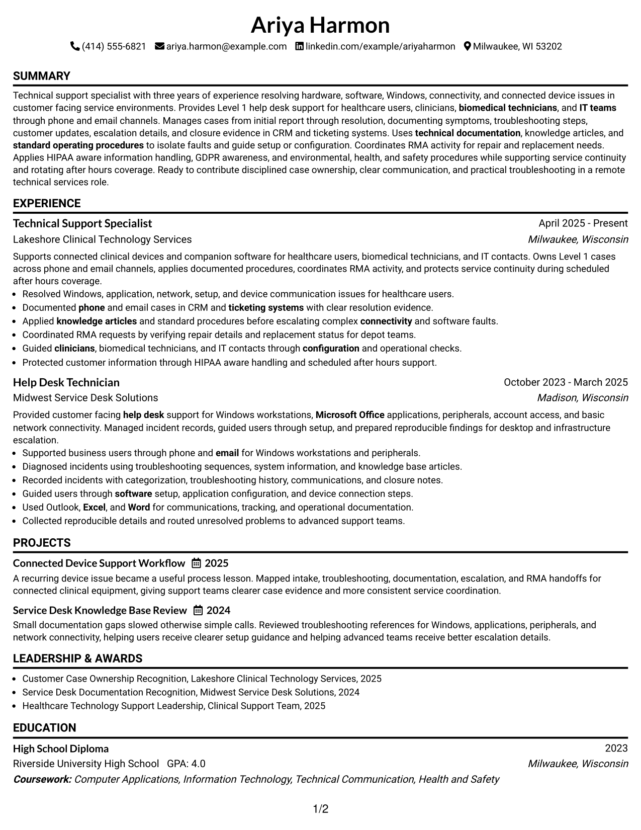 Resume Example Page 1