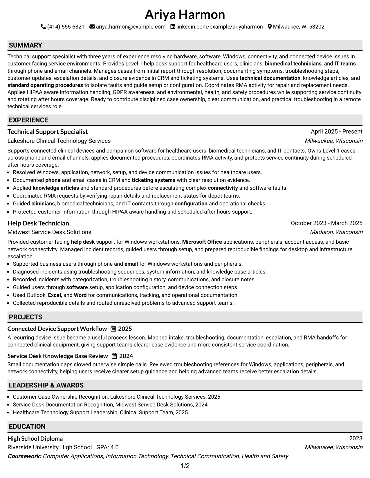 Resume Example Page 1