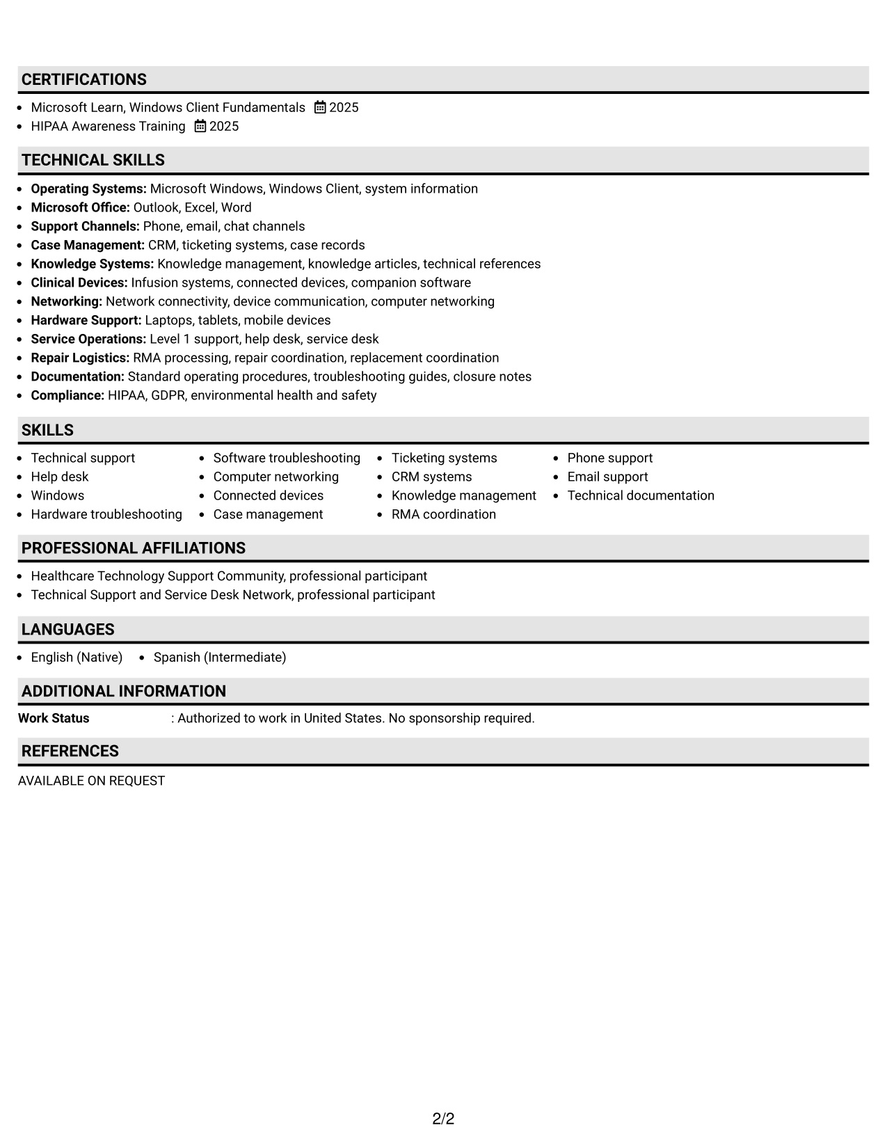 Resume Example Page 2