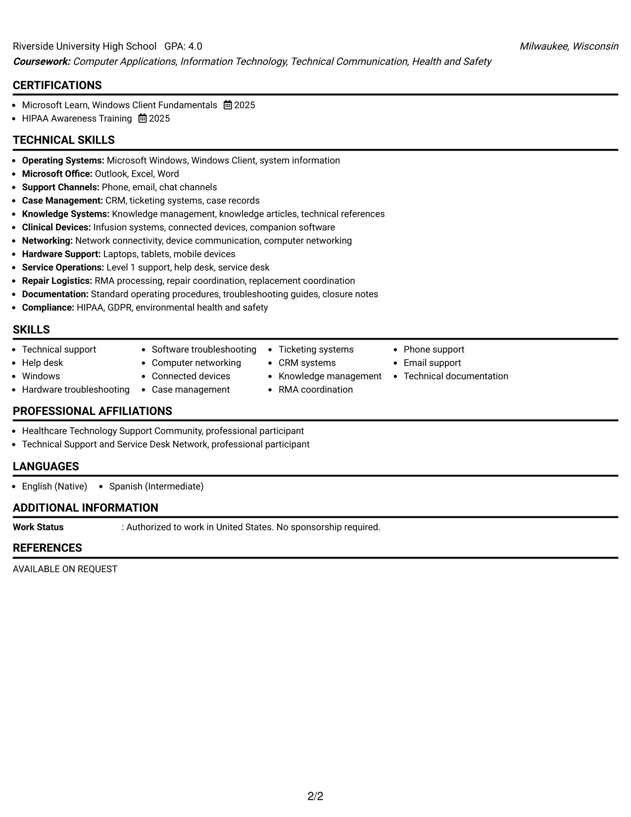 Resume Example Page 2