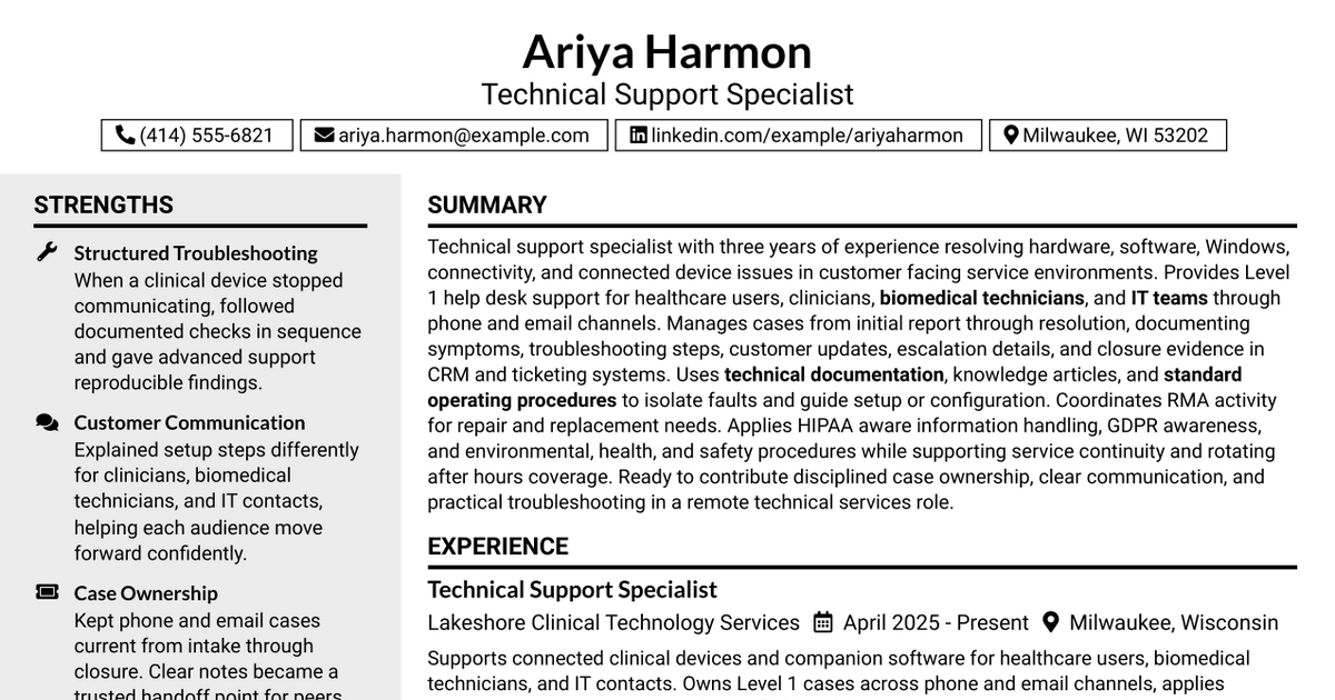 7 Technical Support Specialist Resume Templates with Example