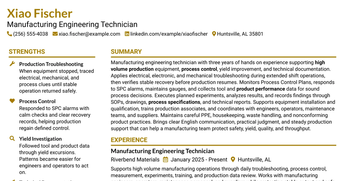 33 Technician - Manufacturing Engineer I Resume Templates with Example 2026 (ATS-Optimized)